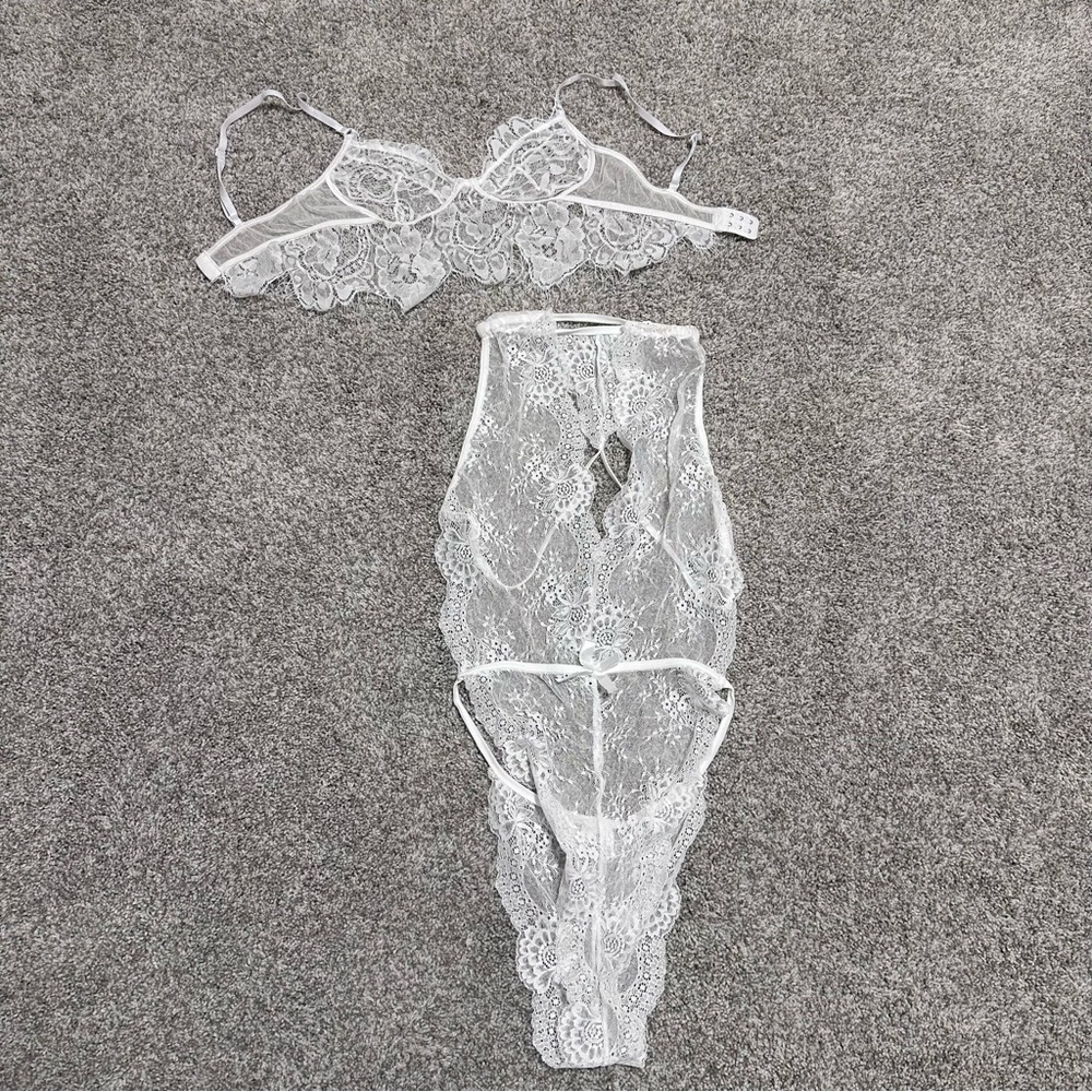 White Lace Bralette & Bodysuit Lingerie Set Feminine Romantic